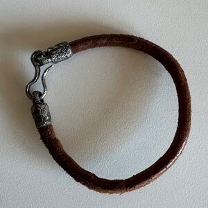 Signed Lou Zeldis Modernist Leather Sterling Silver Bracelet Artisan Handmade